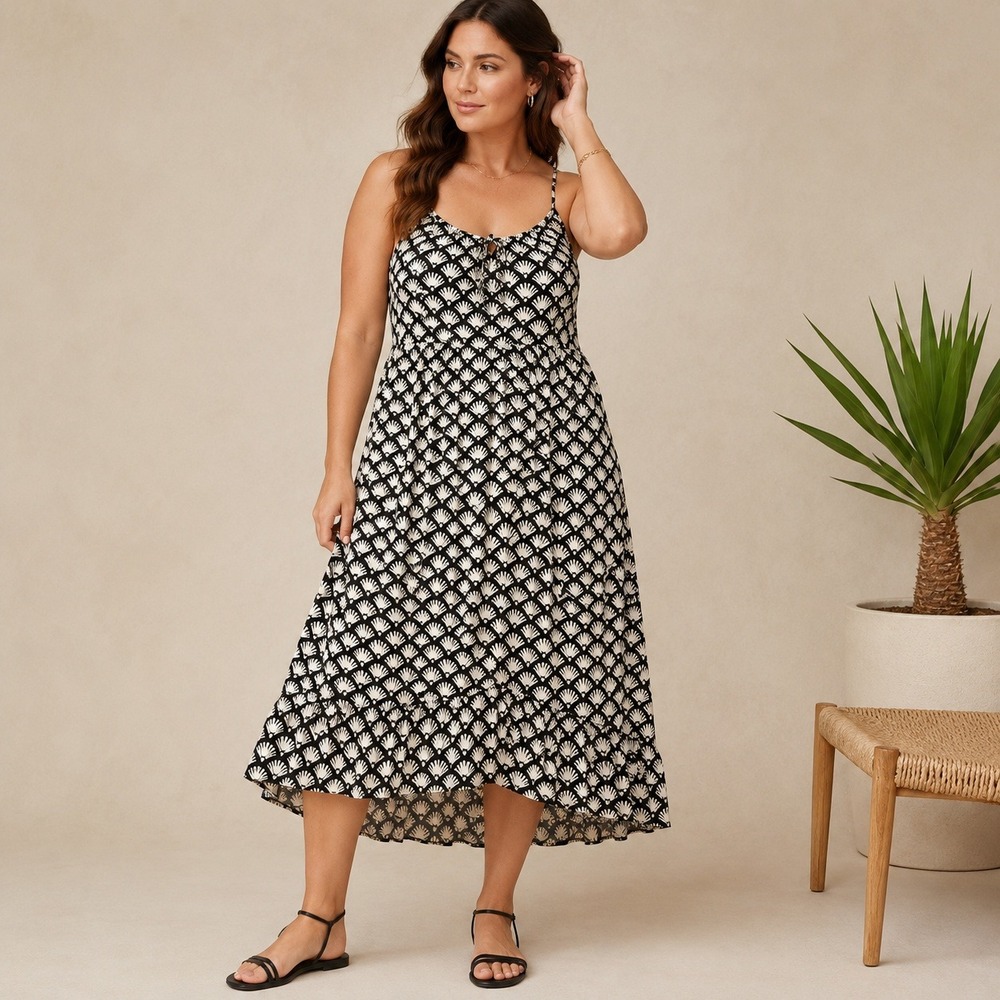 J.Crew Re-Imagined Black White Shell Print Midi Dress 14 Viscose Spaghetti Strap